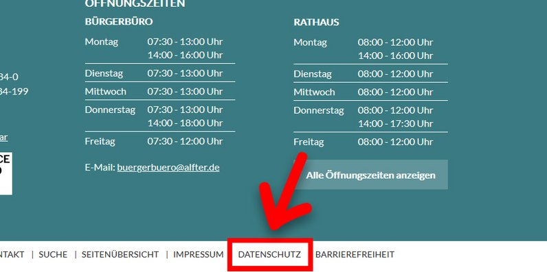 Bild: Datenschutz am Ende von jeder Seite - vergrößerte Darstellung öffnen